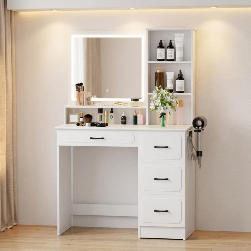 Coiffeuse compacte à maquillage antique, bureau de coiffeuse avec miroir carré lumineux et 4 tiroirs de rangement