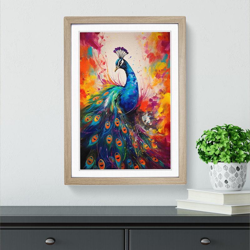 Peacock Gestural No.2 - Single Picture Frame Print on Wood, Oak Framed, 34cm H x 25cm W