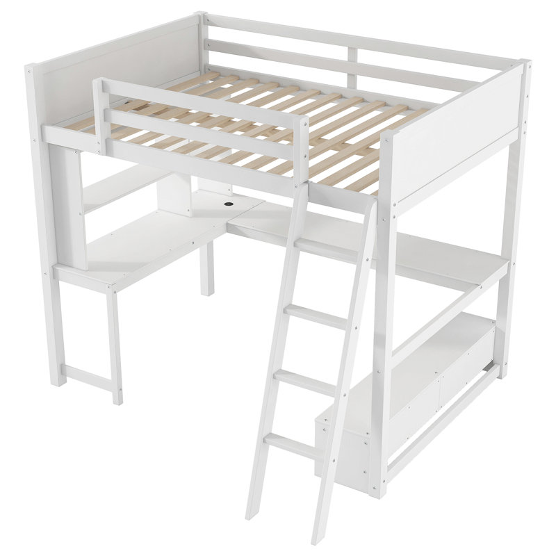 Lit mezzanine double avec bureau multi-rangements en L, station de charge à DEL et USB, banc de rangement avec 2 tiroirs