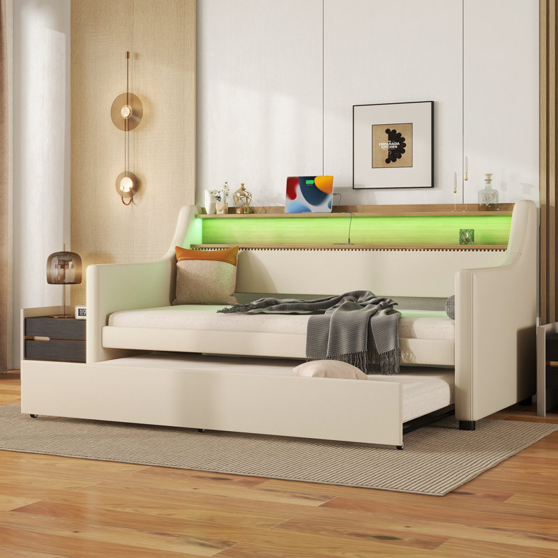 Lit de jour avec trundleupholsted Lit de jour avec station de charge et DEL, Beige