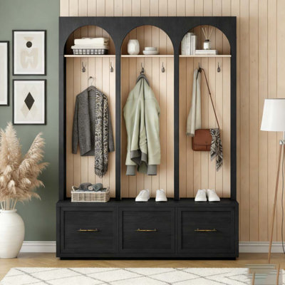 Porte-manteau en bois de style arqué, banc d'entrée élégant de 150 cm de large avec 8 crochets rétro, porte-manteau rustique et organisateur à chaussures avec 3 tiroirs