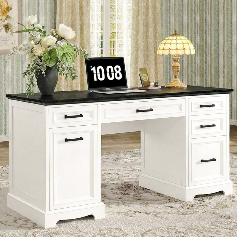55" Farmhouse Executive Home Office Desk with Charging Station, Computer Desk with 5 Drawers, File Drawer & Storage Cabinet, Large Writing Table for Home Office, Bedroom, Study Room, Black & White