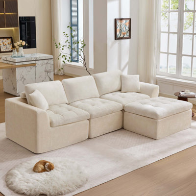 110" Cloud Sectional Couch For Living Room, Upholstered L-Shape Modular Sofa With Movable Ottoman, 3-Seater Deep-Seat Foam Couch, Comfortable Convertible Sectional For Home & Apartment