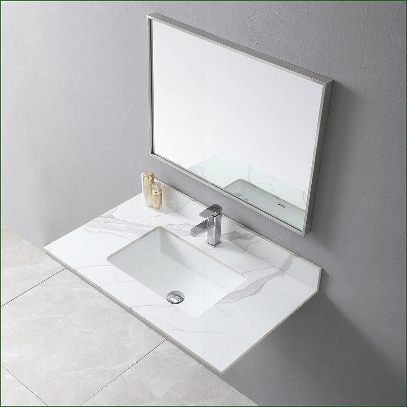 Dessus de meuble-lavabo pour salle de bain en pierre frittée or de 37 po Carrara | Lavabo encastré blanc neige | Convient aux armoires de 36 po | Pierre frittée | Blanc neige