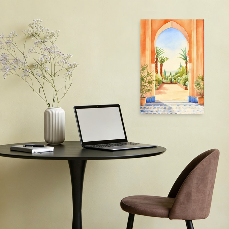 Arche marocaine, vue sur le jardin, paysage abstrait de palmiers, art mural nature, H 24 po x l 16 po