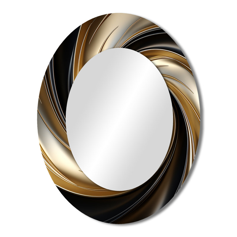 Abstract Liquid Gold And Black Spiral Swirl - Abstract Oval Decorative Mirror On Metal, 43" x 33"