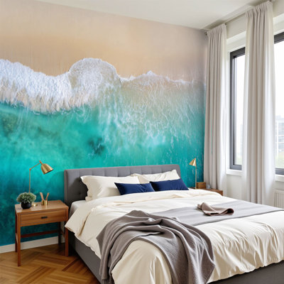 Murale auto-adhésive moderne pour la chambre à coucher Peel and Stick l 96 po x H 69 po Bali vue aérienne plage bleu transparent océan sable blanc