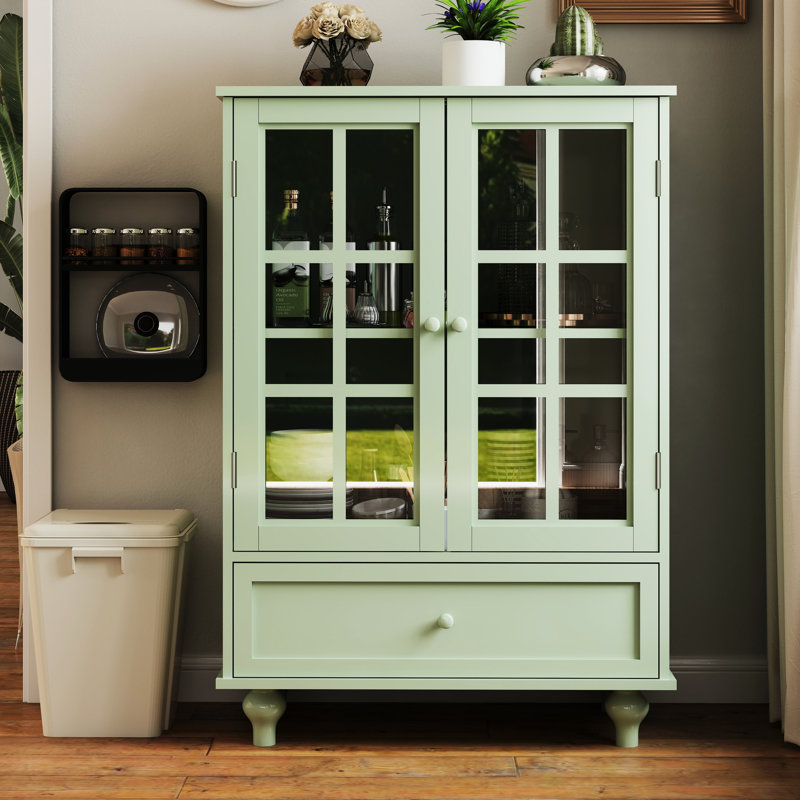 Dining Room Cabinet With Double Glass Doors And Drawer. Construction, Solid Wood Leg Support, Tempered Windows. Adjustable Shelf Configuration, Functional Drawer Storage. 28''D15''w38''h, 48.4 Lbs