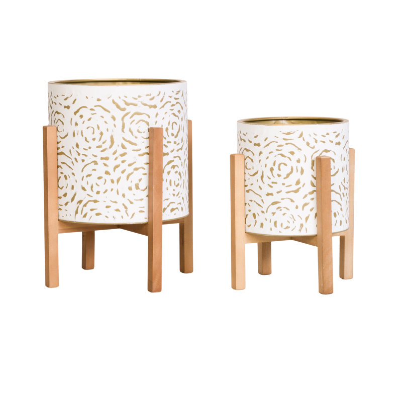 Honeycomb White and Gold Metal Planter Set with Nyra Base
