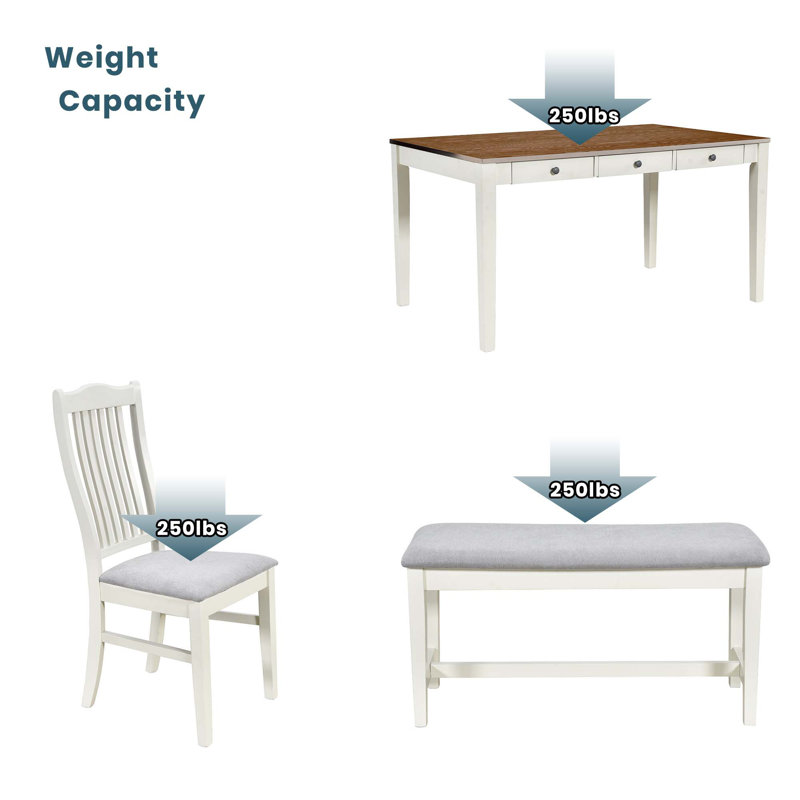 Ensemble de salle à manger moderne 6 pièces avec table rectangulaire, quatre chaises et banc Fulton, Brun, Blanc cassé