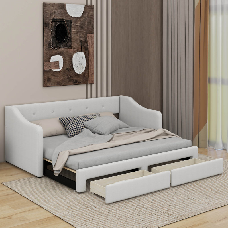 Lit de jour rembourré simple TG avec très grand lit avec tiroirs, Beige