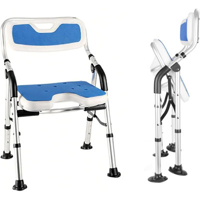DEWEL Foldable Shower Chair for Elderly and Disabled, Folding Shower Seat with Armrests and Back Height Adjustable, Aluminum Alloy Bath Seat for Inside Shower, 330lbs Capacity (Blue)