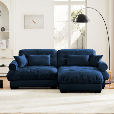 Modern Blue Velvet Two - Seater With And Round Bolster , Comfortable Cloud Soft Seats For Reading Room, Deep Seat Support, Flexible Assembly Over Size Exquisite Stylish Design Living Like Seating