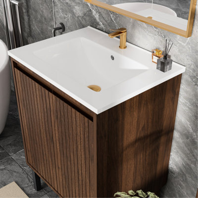 Meuble-lavabo de 24 po avec lavabo blanc, fixation murale ou au sol, tiroirs à fermeture douce, rangement spacieux pour les articles de toilette flottants, portes, assemblage facile