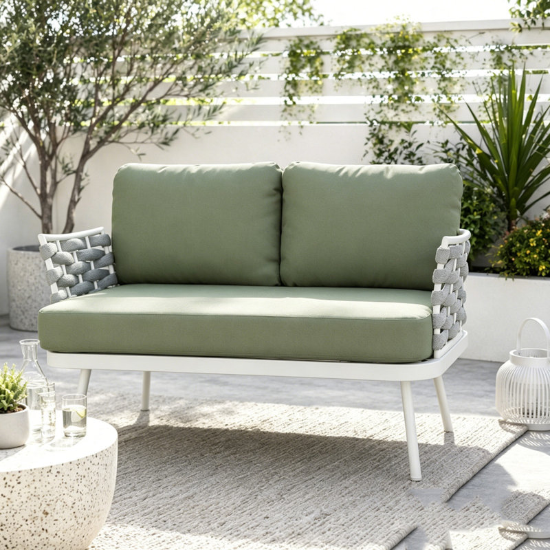Causeuse et table en acier, Vert, blanc cassé