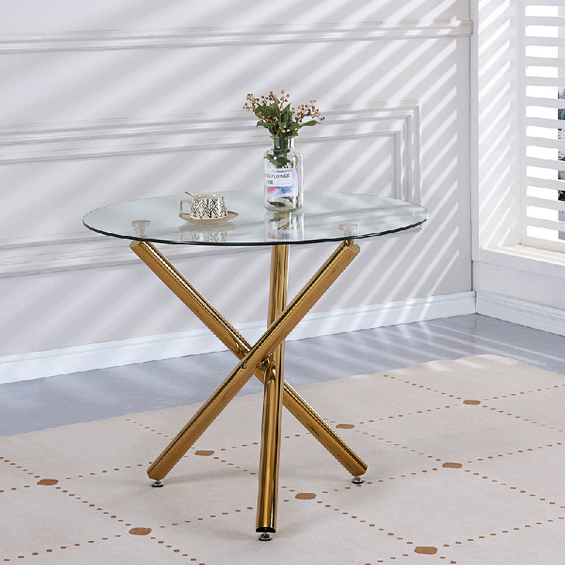 Supat Round Glass Top Metal Base Dining Table, Brown