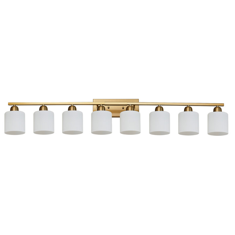 Éclairage de salle de bain doré 52 pouces, luminaire de meuble-lavabo moderne avec verre blanc laiteux pour miroir, salon, couloir en métal, 8 prises de chaleur E26, luminosité réglable, salle de bain à fixation murale,