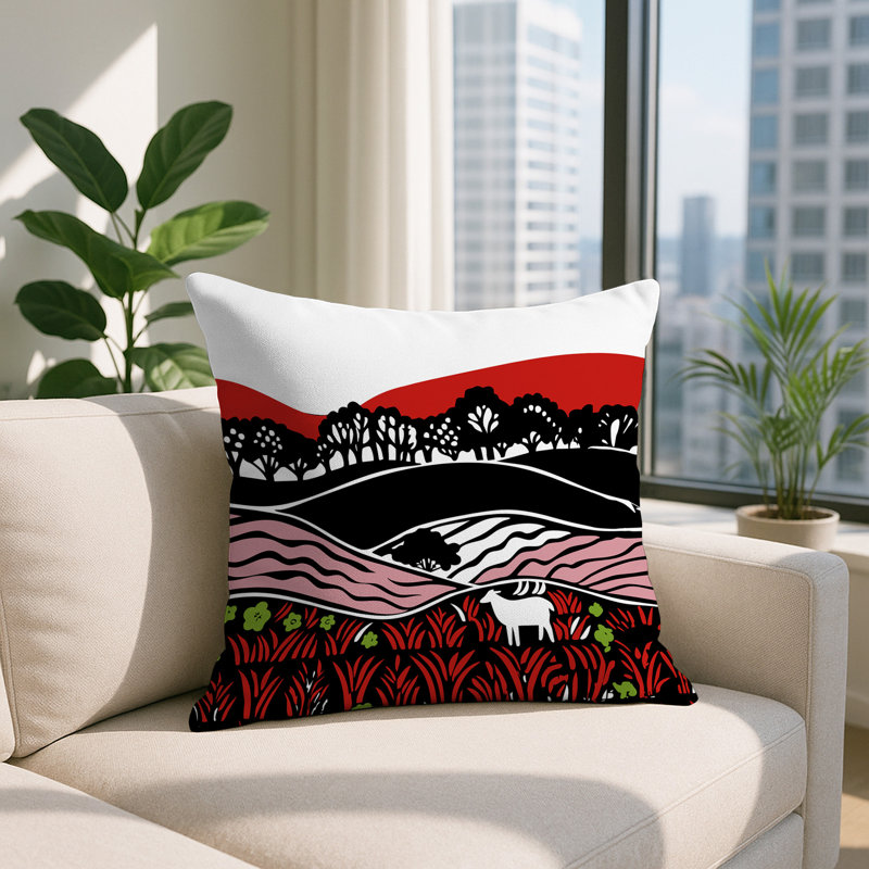 Coussin décoratif intérieur / extérieur Voldy Floral Landscape, Rouge, Carré 15 po