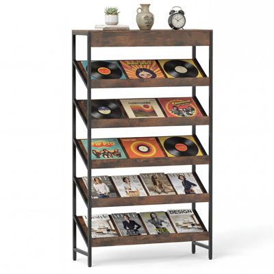 6-Tier Tall Freestanding Bookshelf with Angled L-Shaped Shelves, Metal Frame for Home Office, Living Room, or Study, Rustic Brown