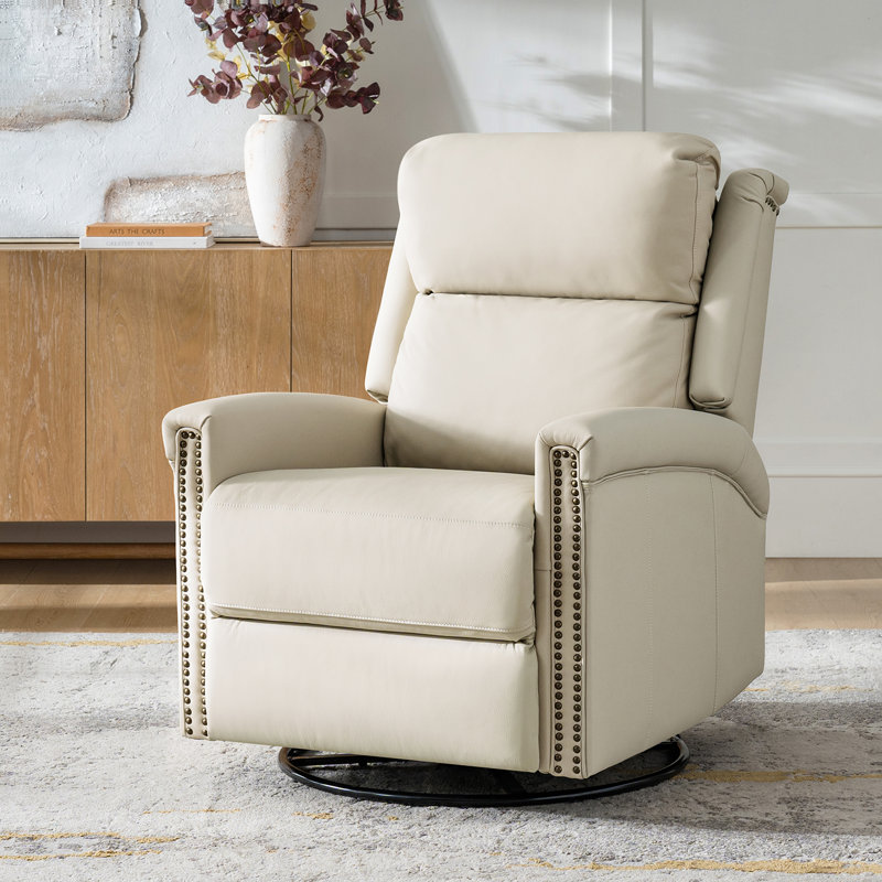 Keaton Transitional Genuine Leather Dual Motor Power Swivel Rocker Recliner with Adjustable Headrest, Beige