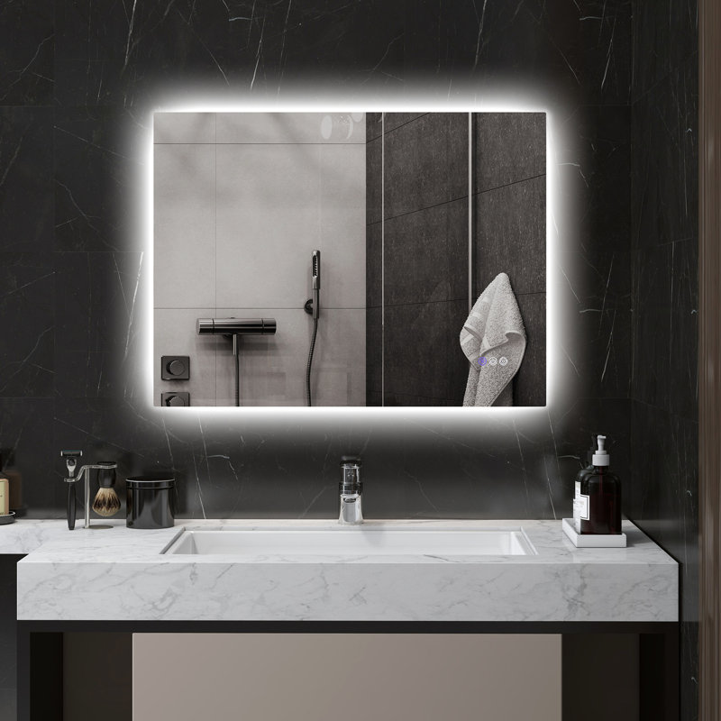 Miroir de salle de bain à DEL 32 po x 24 po, lumières avec brouillard, mémoire, luminosité à intensité variable, température de couleur réglable, fixation murale, horizontal / vertical, Cri90 +, film résistant, imperméable, cadre en alliage d'al