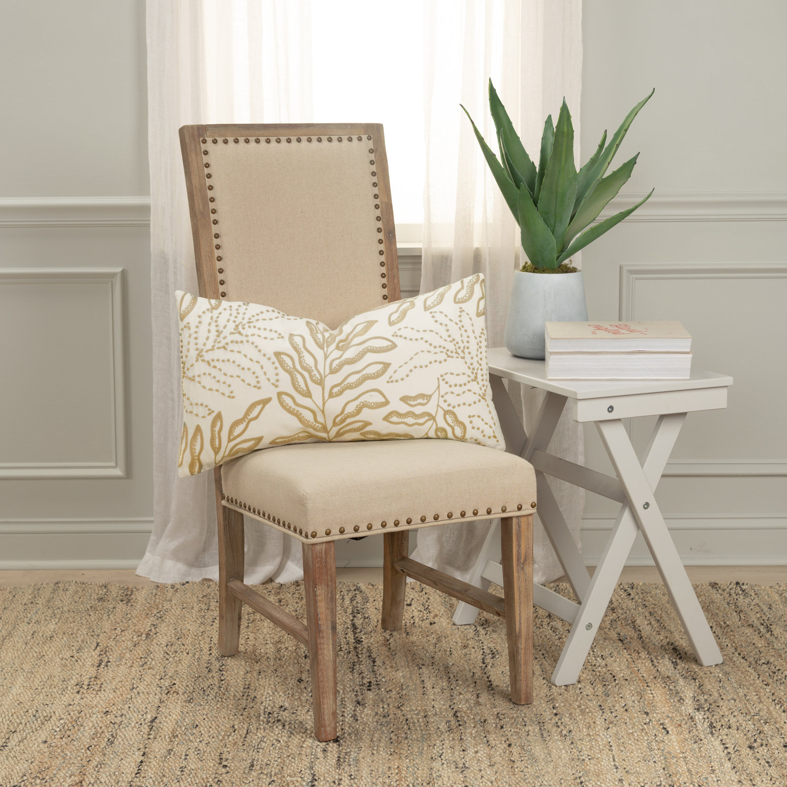 Elwin 26" x 14" Embroidered Throw Pillow, Ivory/Beige