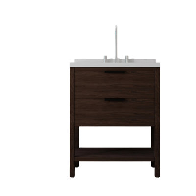 Meuble-lavabo autoportant de 30 po avec lavabo, tiroir à fermeture en douceur, comptoir et dosseret en marbre de culture blanc de 2 po Carrara, contreplaqué, brun