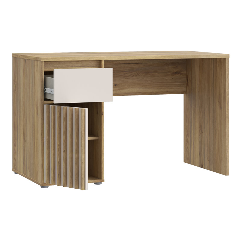 Scandi Style Desk with 1 Door and 1 Drawer, Slatted Details, Youth Room, Home Office, Engineered Wood, Warm Oak Decor/Beige, 120 cm W x 74.4 cm H x 60 cm D