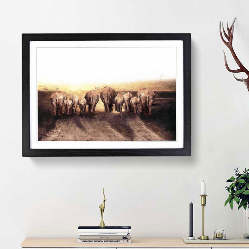 Herd of Elephants on a Dusty Road in Abstract - Picture Frame Painting Print, Black Framed, 48cm H x 65cm W x 2cm D