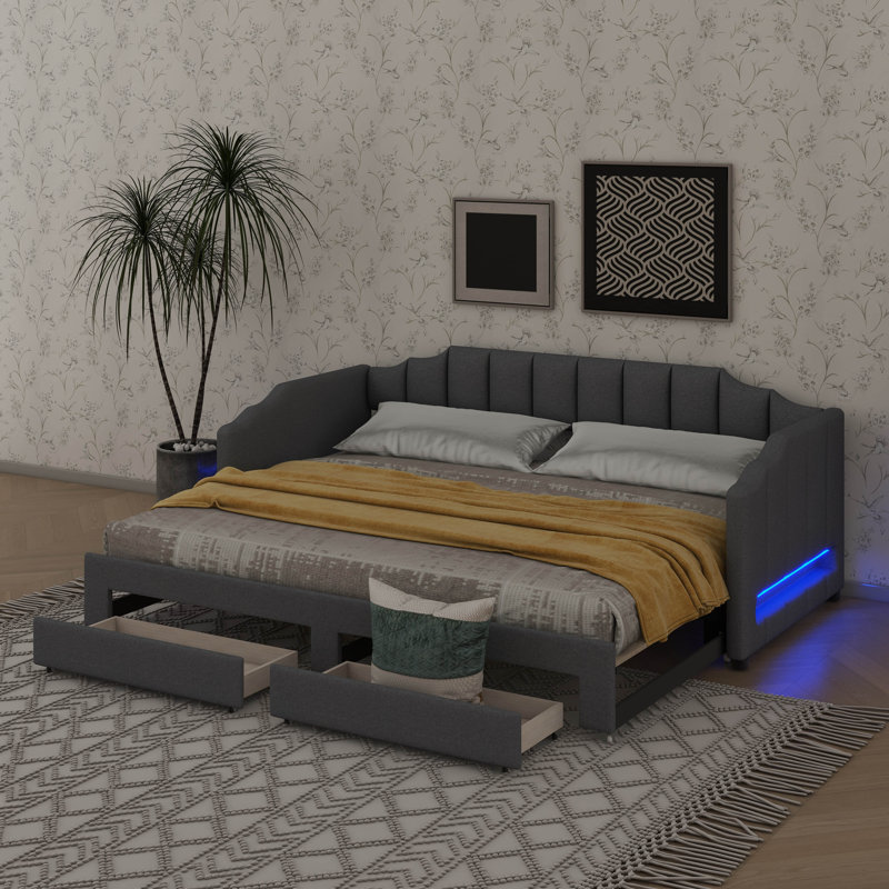 Twin XL Daybed With Integrated Compartment & Pull-Out Trundle, Upholstered Design Featuring LED Lighting, Gray