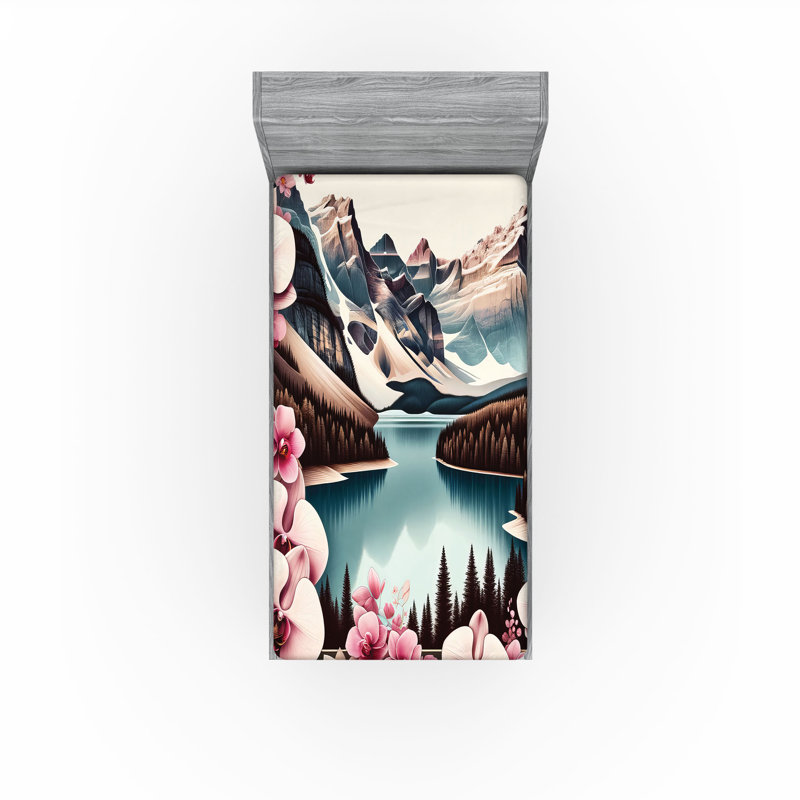 Drap-housse Ambesonne Lake_ Spring Joy Landscape Orchids_ Rose brun et bleu cadet, Drap-housse simple TG