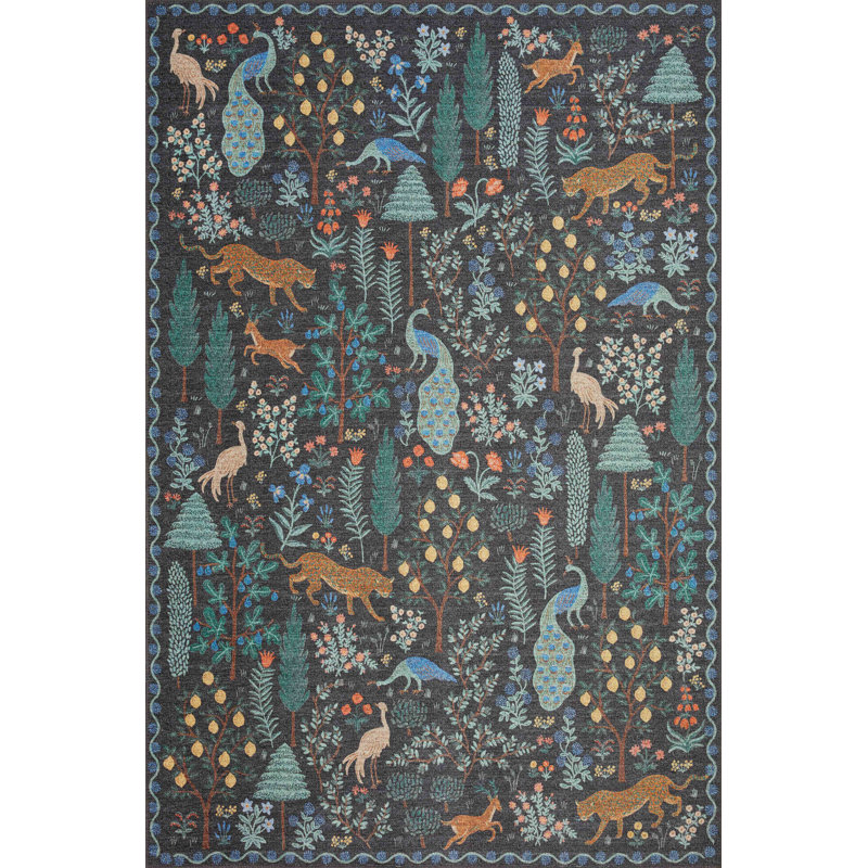 Tapis noir Rifle Paper Co. x Loloi Menagerie Men-02, Rectangle 7 pi 6 po x 9 pi 6 po