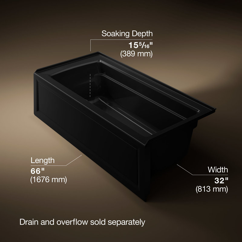 Archer® 66" X 32" Alcove Bath with Bask® Heated Surface, Integral Apron, Integral Flange, and Right-Hand Drain, Black, Right
