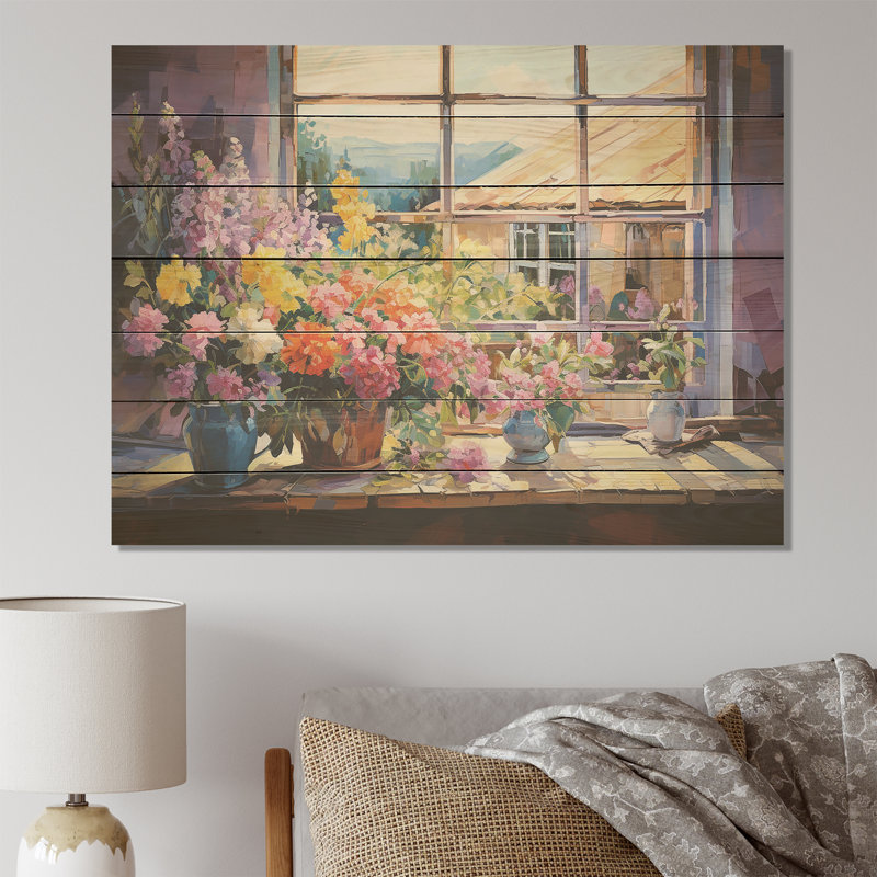 Vue de fenêtre de ranch mauve floral - fenêtres de ferme sur impression de bois, H 24 po x l 32 po x P 0,78 po