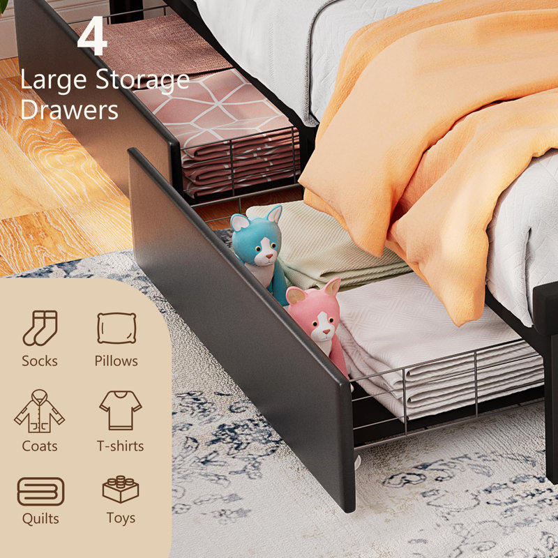 Black Queen Upholstered Platform Bed with Bookcase Headboard, Storage Drawers, and LED Lights