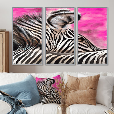 Zèbre avec rayures noires et blanches contrastantes I - ensemble d'art mural sur toile encadré traditionnel de 3
