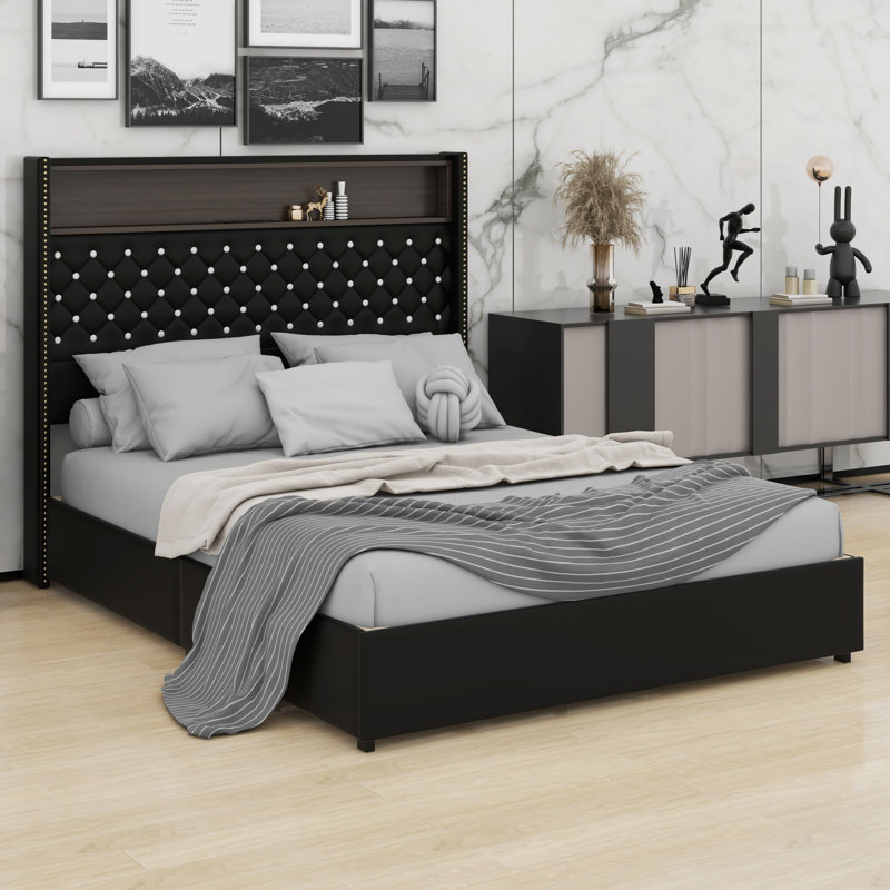 Structure de lit tapissier capitonné avec veilleuse, ports USB et tablette de tête de lit, lit plateforme avec tête de lit haute Rivet