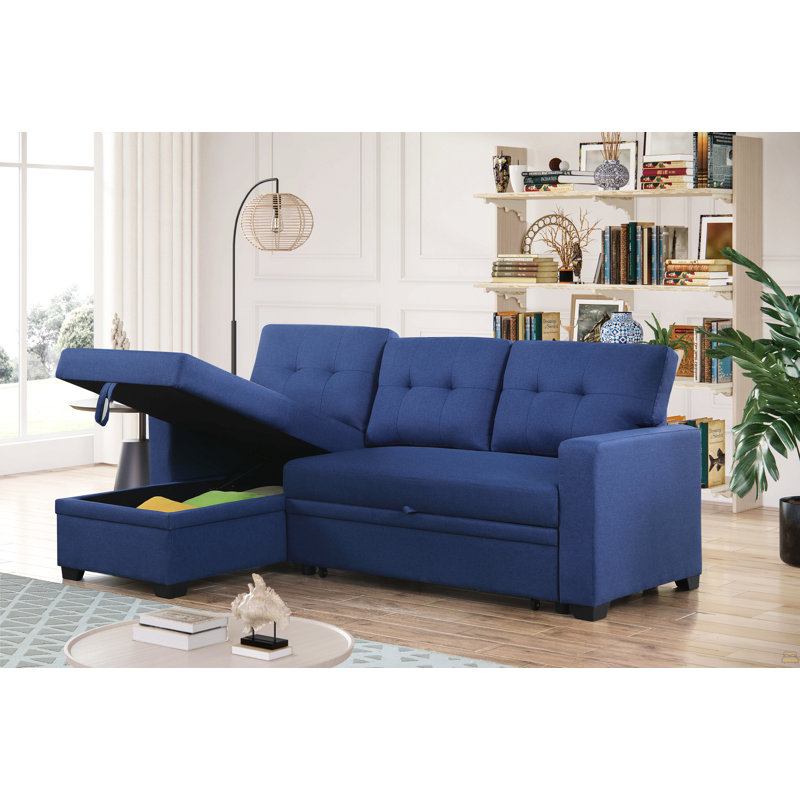 Canapé modulaire convertible rembourré avec méridienne coulissante, Lin bleu, Face à la droite