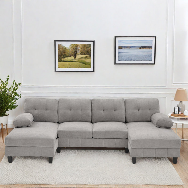 U-shaped Sectional Sofa With Dual Chaise Lounges, Storage Pockets And Armrest Pillows, Gray Chenille