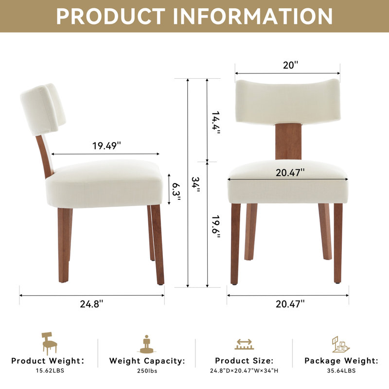 Upholstered 2Pcs Curved Back Dining Chairs, Beige