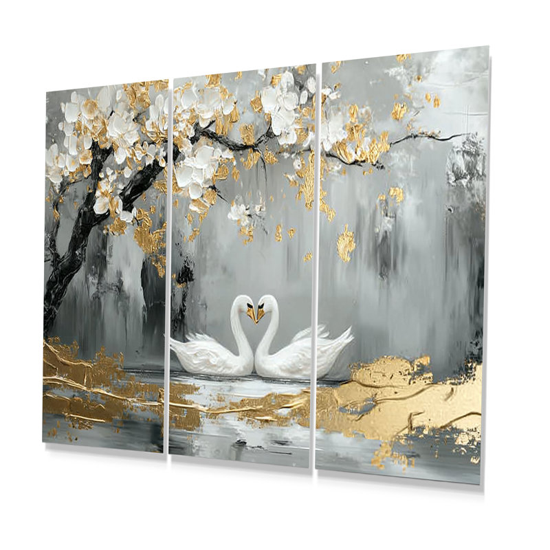Ensemble de salon gris et or avec cygnes «Love Under Cherry Blossom III», Toile tendue, H 28 po x l 36 po x P 1 po