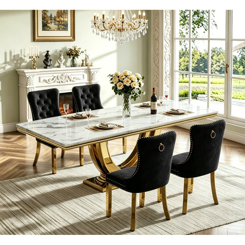 Luxury Marble Dining Table Set for , 68" Dining Room Table with Dining Chairs, White Dining Table with Faux Marble Top & Stainless Steel Pedestal, Large Dining Table and Chairs Set for Home Furniture