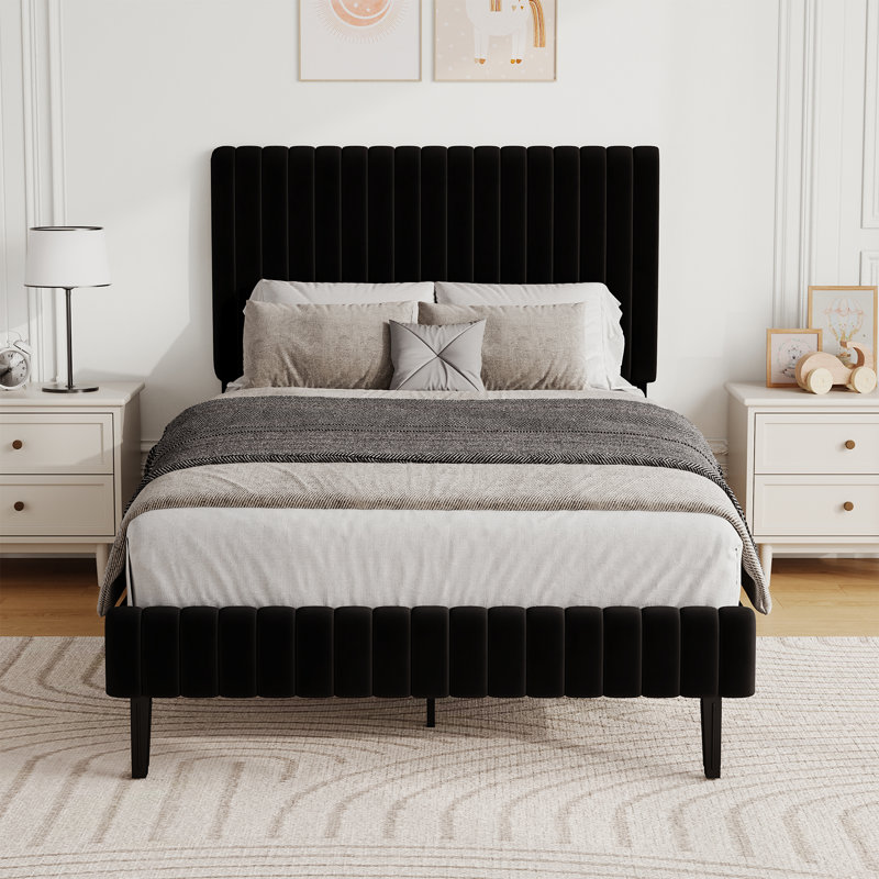 Velvet Upholstered Platform Bed Headboard and footboard with soft-padded vertical channel quilting, Twin, Black