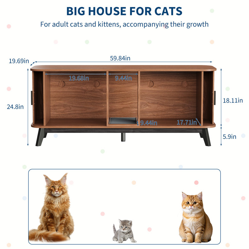 59" Hidden Cat Litter Box Furniture for 2 Cats, Wood TV Stand & Side Table with Sliding Door, Large Indoor Pet House & Litter Mat Included, Walnut