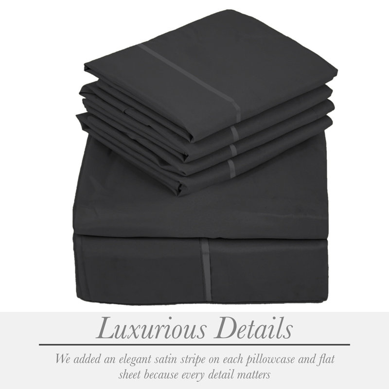 6 Piece Ultra Soft Double Brushed Microfiber Sheet Set, Cooling Sheets with Extra Deep Pockets - Machine Washable, Dark Gray