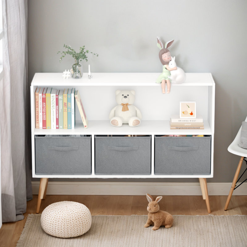 Children's Multi-Purpose Bookshelf With Collapsible Fabric Bins, White/Grey