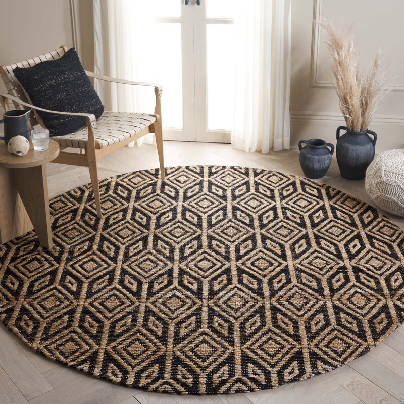 Roemer Natural Fiber Handloomed Jute Cotton Geometric Rug in Black/Natural, Round 7'