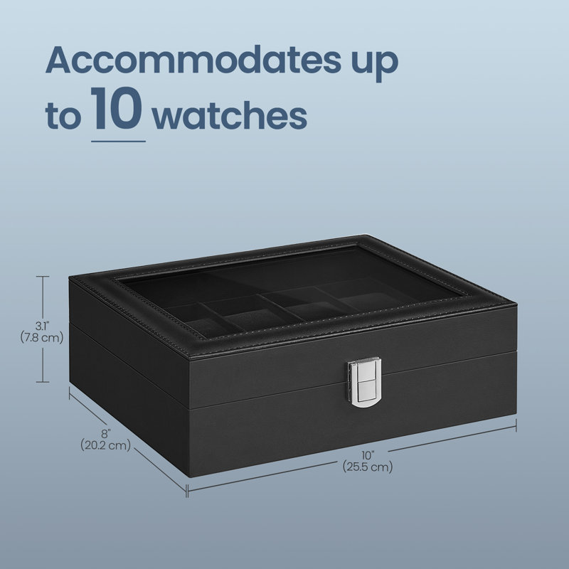 Boîte à montre à 10 emplacements, boîtier de montre avec grand couvercle en verre, coussins de montre amovibles, cadeau, Noir