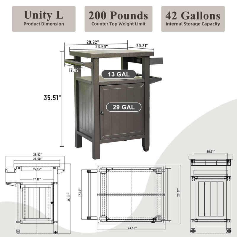 Grill Carts Outdoor With Storage And Wheels, Whole Metal Portable Table And Storage Cabinet For BBQ, Deck, Patio, Backyard