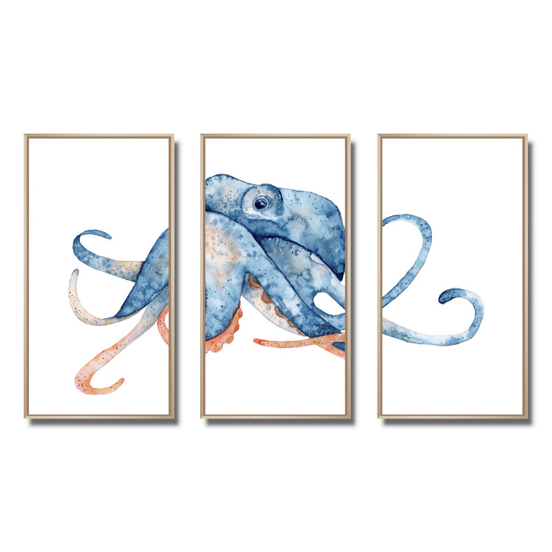 Pieuvre bleue sur fond blanc - ensemble d'art mural encadré nautique et côtier sur 3, 32" H x 48" W, Toile avec cadre doré